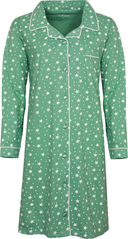 Groen nachthemd met witte sterren en stippen, witte biezen en knoopsluiting.