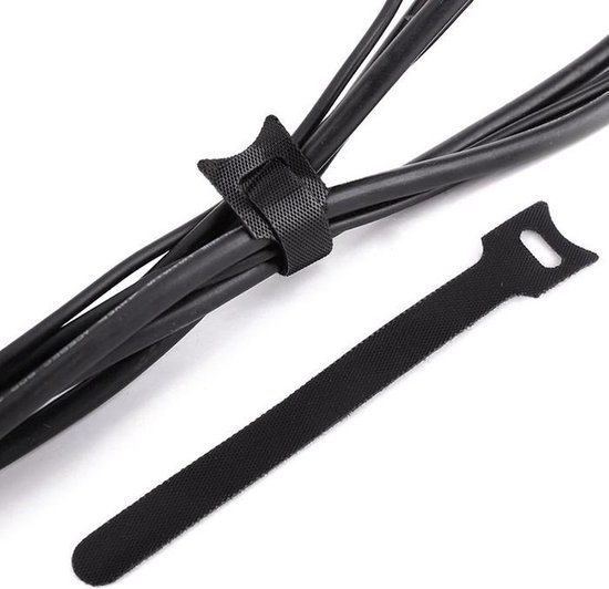 Zwarte klittenband kabelbinders met een haak-en-lus sluiting, diebundel zwarte kabels.