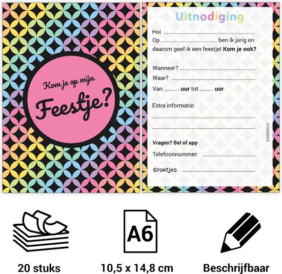 Uitnodiging kinderfeestje - Voordeelset 20 stuks - Thema Disco - Beschrijfbaar - Uitnodigingskaarten - Uitnodiging verjaardag - uitnodiging verjaardag feest - Uitnodiging kinderfeestje Jongen of Meisje - Uitnodiging feestje - uitnodigingen