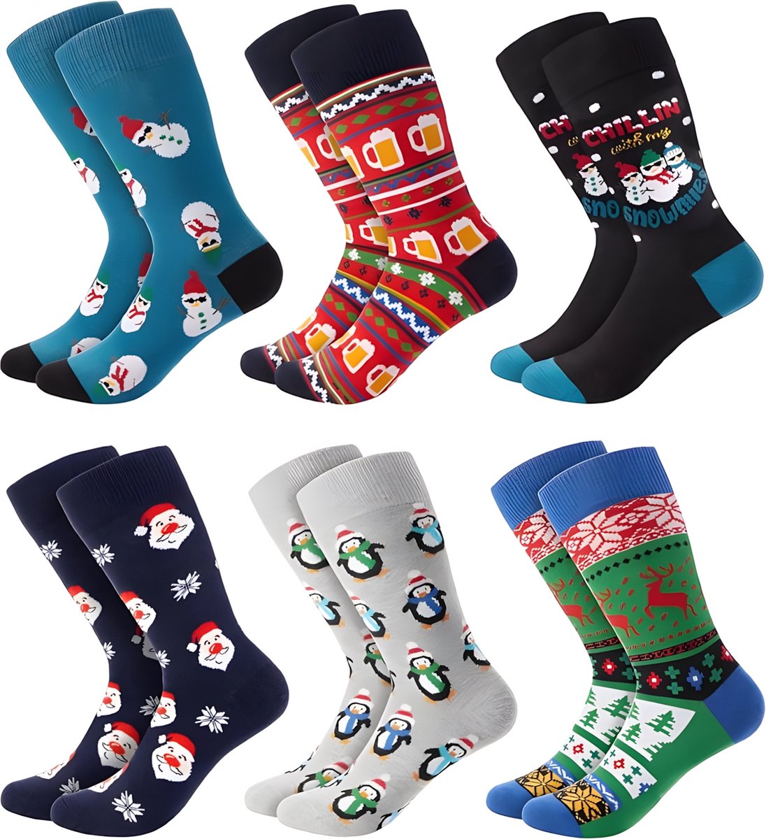 BRUBAKER 6 paar kerstsokken voor heren, grappige sokken voor Kerstmis, maat 41-45, kleurrijke katoenen sokken met patroon, voor mannen, crew sokken, katoenen set voor verjaardag, adventskalender