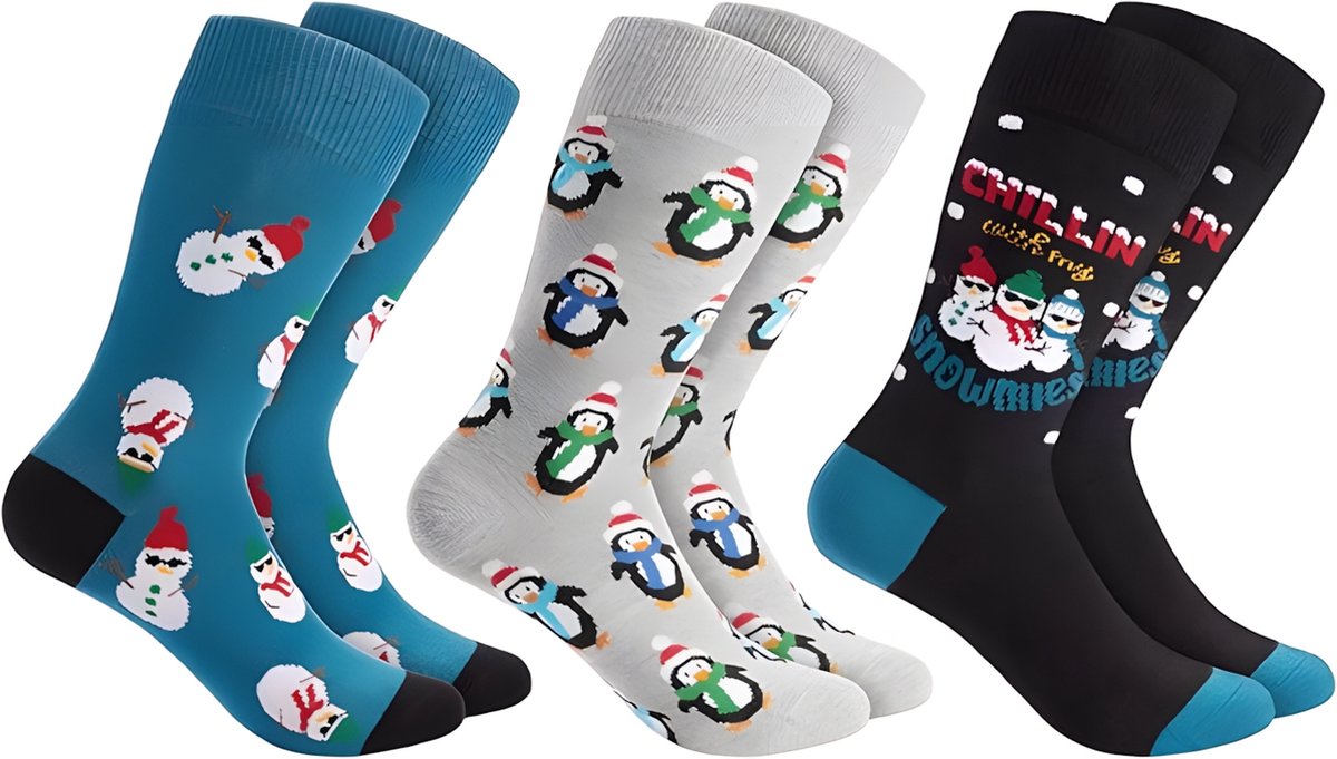 BRUBAKER 3 paar kerstsokken - grappige sokken met kerstmotieven - katoen - heren en dames cadeau Kerstmis - uniseks katoenen sokken in eenheidsmaat maten, Pinguïns, sneeuwpoppen - EU 41-45