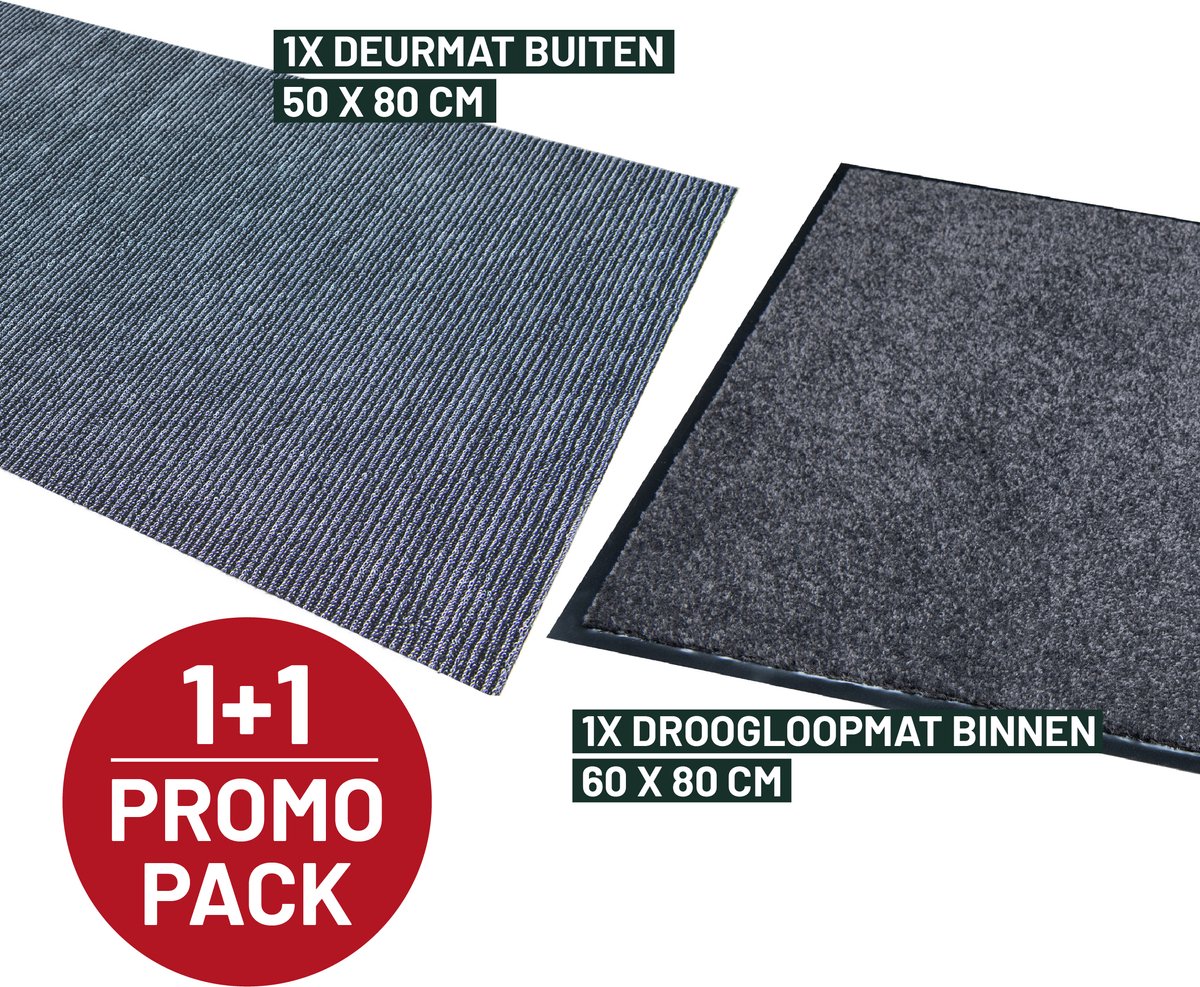 Voordeelpak 2 stuks - Deurmat buiten OUTDOOR + Deurmat binnen grijs OPTICLEAN - Studio M - 1x droogloopmat binnen 60x80 cm + 1x deurmat buiten 50x80cm - ANTRACIET