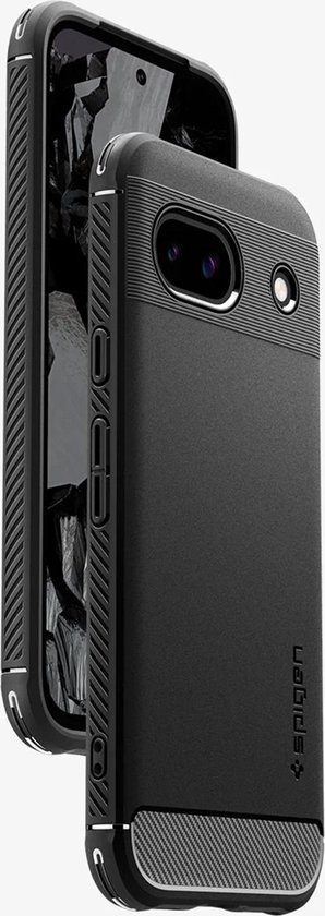 Zwarte Spigen telefoonhoes met ribbeltextuur, naast een telefoon met abstracte achtergrond.