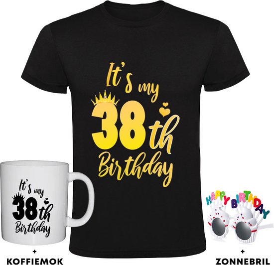 38 jaar Heren T-shirt + Koffiemok + Happy birthday bril - verjaardag - cadeau - feest
