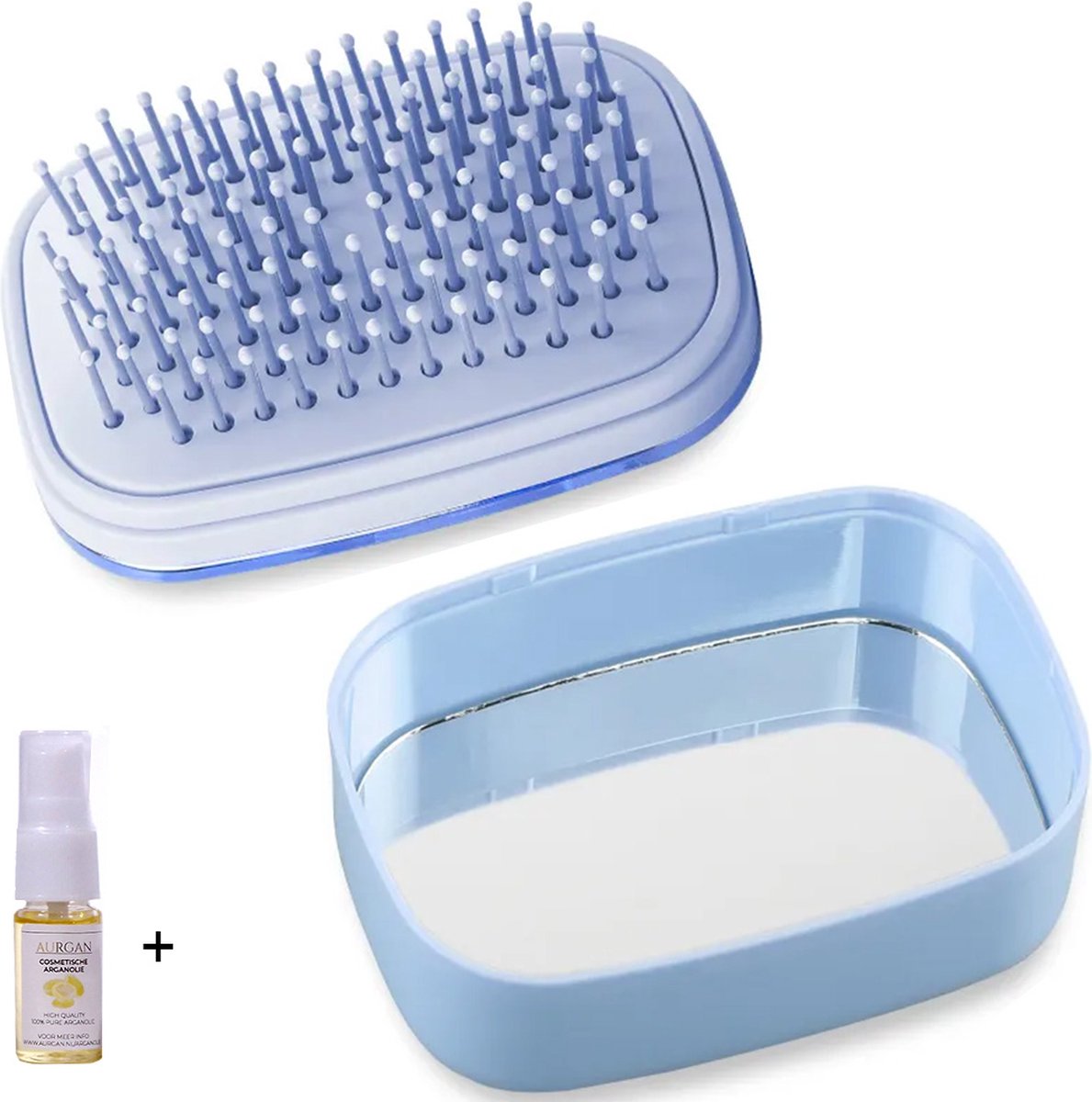 Aurgan Anti-Klit Haarborstel - Blauw - Comfortabele Kussen - Zelfreinigende Borstel met spiegel - inclusief 10ml Aurgan arganolie