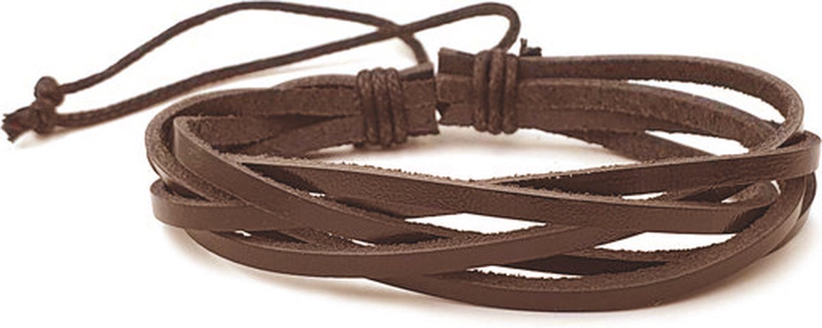 Bruine armband met leren strookjes en touw