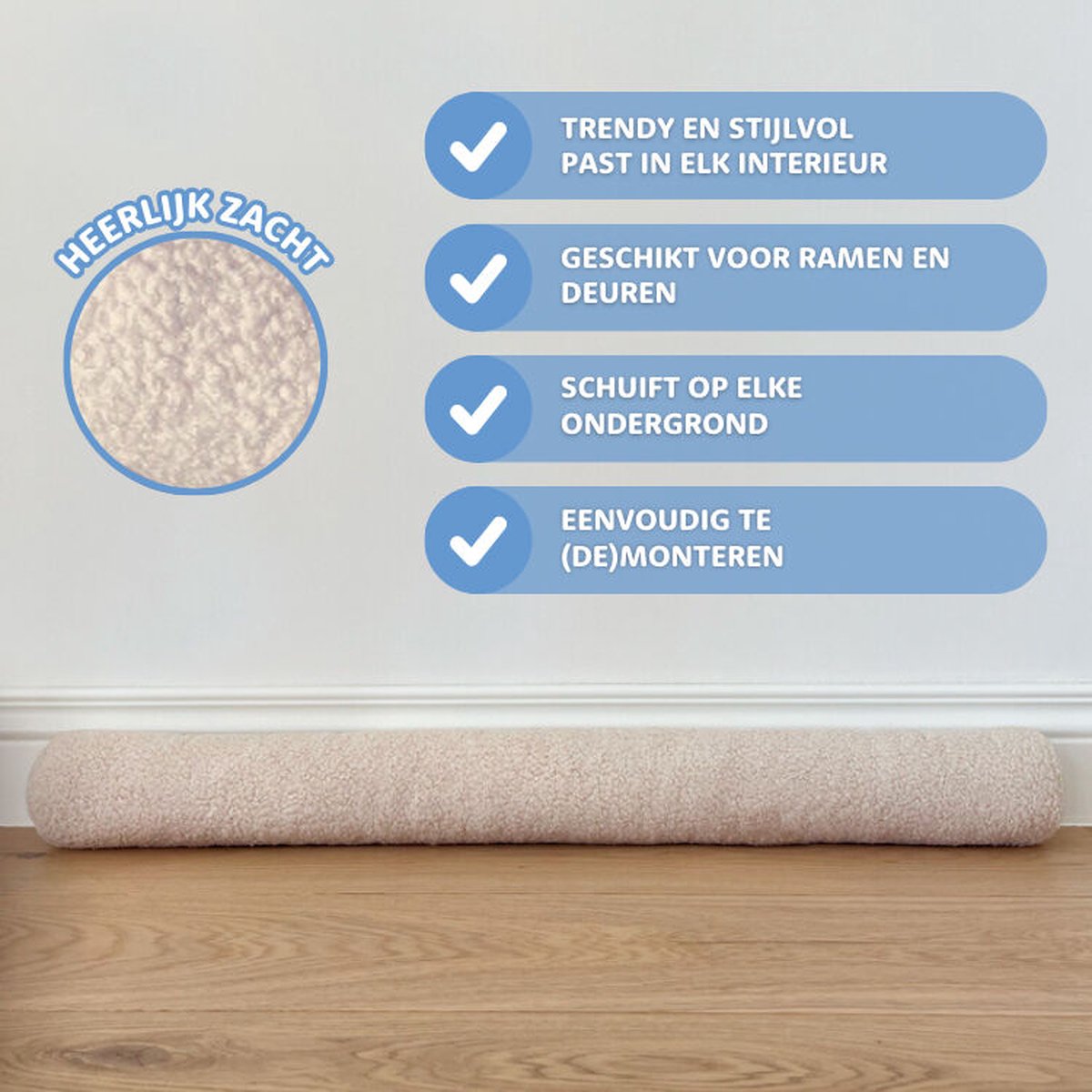 Rori - Design Magnetische Tochtrol - 90 cm - Beige - Zachte Teddystof - Kwalitatieve Vulling - Tochtstopper voor Deuren en Ramen - Warmte Isolerend