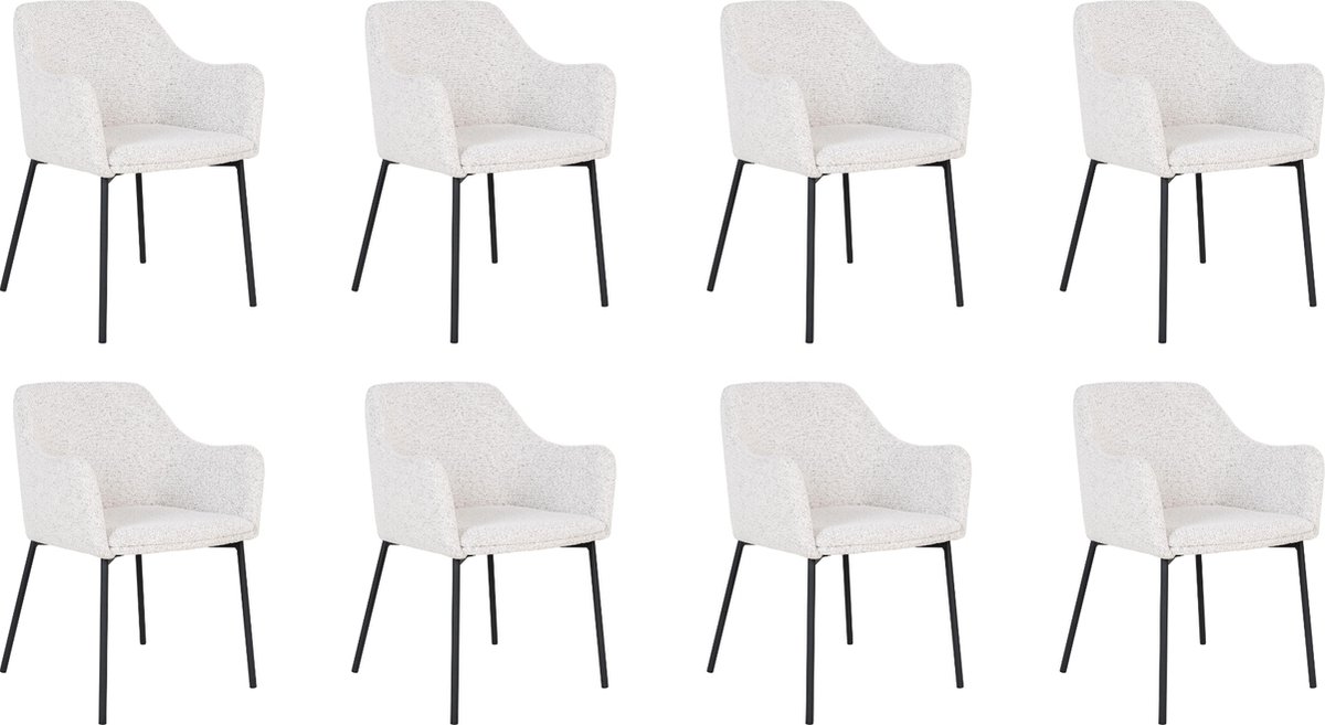 QUVIO Witte eetkamerstoelen Lima - Eetkamerstoel - Eetkamer stoelen - Eetkamerstoel met armleuning - Bouclé - Staal - Wit - Set van 8