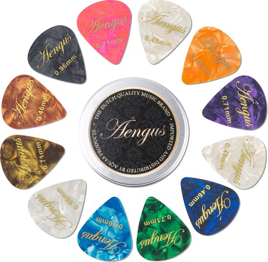 12 celluloid plectrums in aluminium doosje – 0.46-0.96 mm