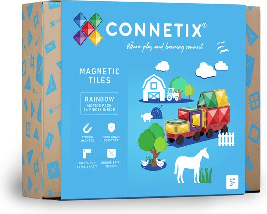 Connetix Regenboog Bewegingspakket doos. Illustratie van een trein en boerderijdieren.