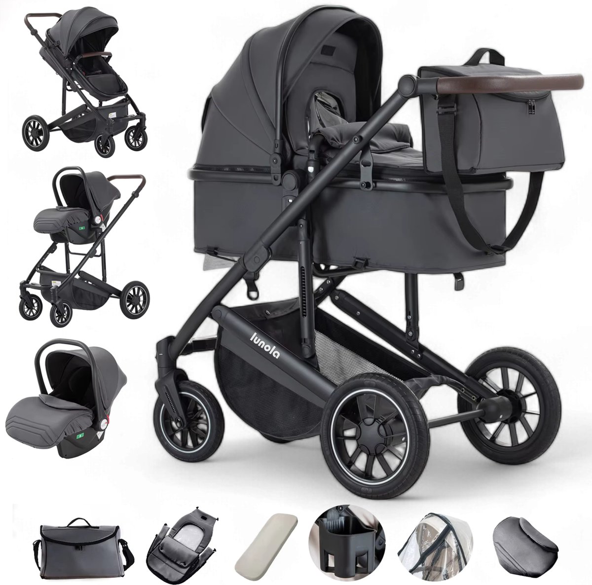 Bol.com Lunola Luna - Kinderwagen 3-in-1 - incl. autostoel - 0-22kg - XXL - Wandelwagen - Multifunctionele Buggy 3in1 - Donkergrijs aanbieding