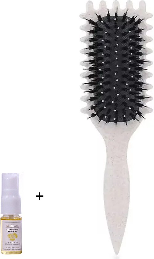 Aurgan Curl Styling Haarborstel - creme - met 10ml Aurgan arganolie - voedende haarolie - krullenborstel - volumieus haar - krullenkam - antiklit - curl brush - defining brush - antiklit haarborstel voor krullen