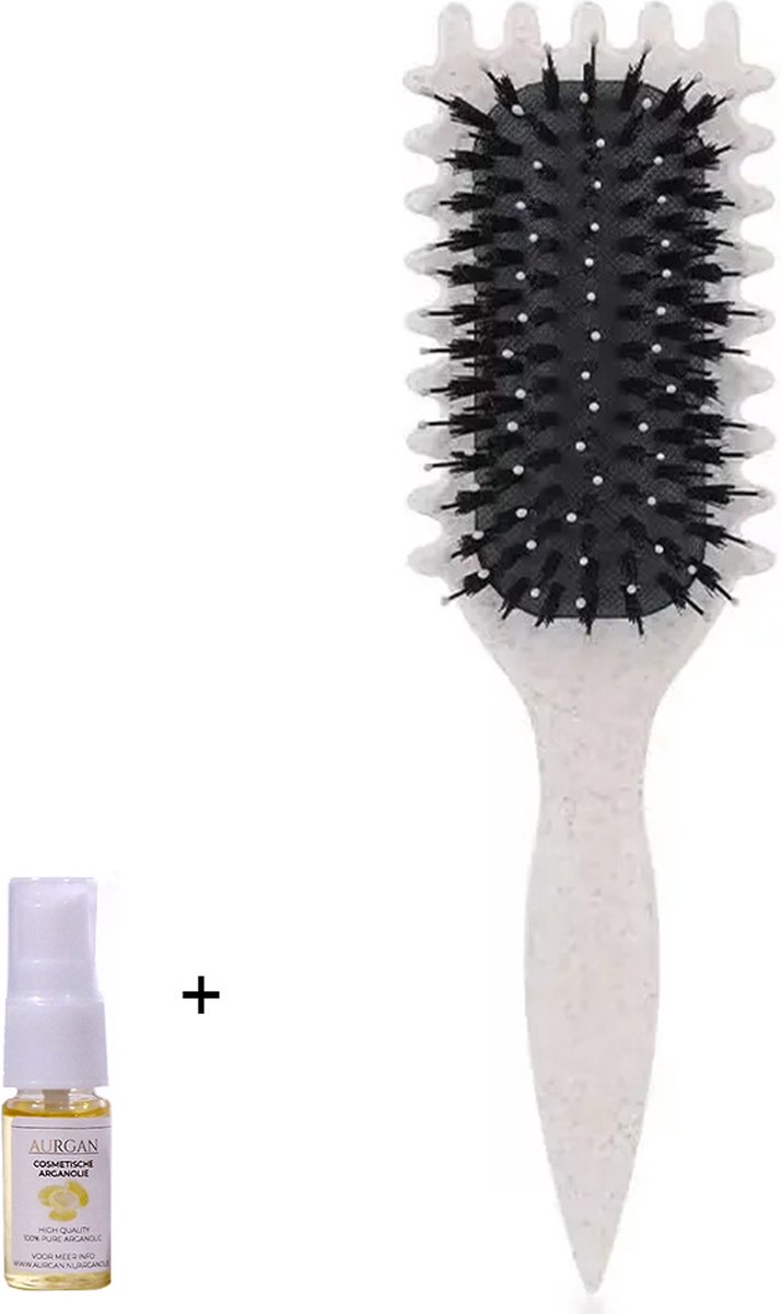 Aurgan Curl Styling Haarborstel - creme - met 10ml Aurgan arganolie - voedende haarolie - krullenborstel - volumieus haar - krullenkam - antiklit - curl brush - defining brush - antiklit haarborstel voor krullen