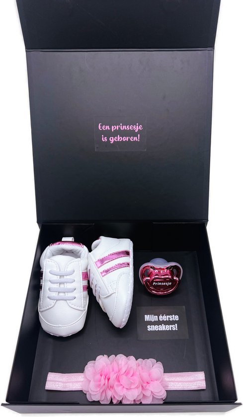 Kraamcadeau meisje - met babyschoentjes en speen, geboortegeschenk, rechtstreeks opsturen mogelijk