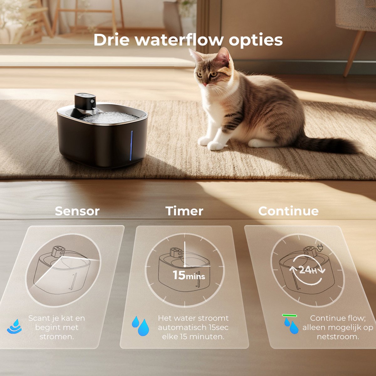 CatElite® - Premium Drinkfontein Kat | Stream - Draadloos - Waterdispenser met Sensor en Accu - Incl. 2 Filters - 4L Waterfontein Kat - Kattenfontein - Fluisterstil - RVS Zwart thumbnail 3