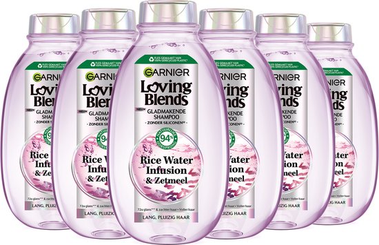 Garnier Loving Blends Shampooing à l'infusion Water de Rice et à l'amidon - 72 heures de brillance et des cheveux plus doux - spécialement développé pour les cheveux longs - 300 ml - 6x