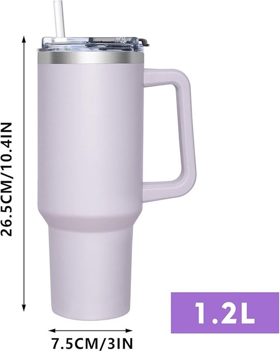 BIGRD Drinkfles 1.2L met Rietje en Handvat - Roestvrijstalen Dubbelwandige Thermosfles, Lekdicht, Houdt Dranken 6 Uur Warm en 12 Uur