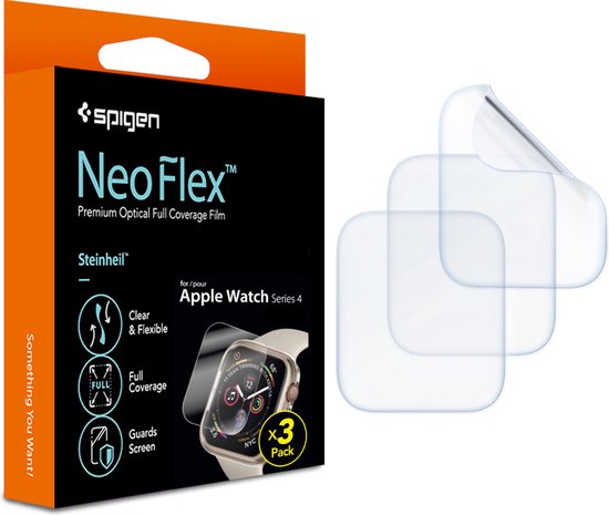 Verpakking met 3 Spigen Neo Flex schermbeschermers voor Apple Watch Series 4.