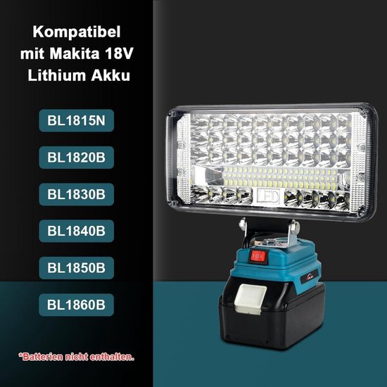 Draagbare acculamp voor Makita 18V, 2 lichtsterktes, 90 W, 7000 lumen, led- werklamp, 120° draaibare draadloze led-spot met USB & Type-C 2 oplaadpoorten voor reparatie, bouwplaats, camping, (geen accu