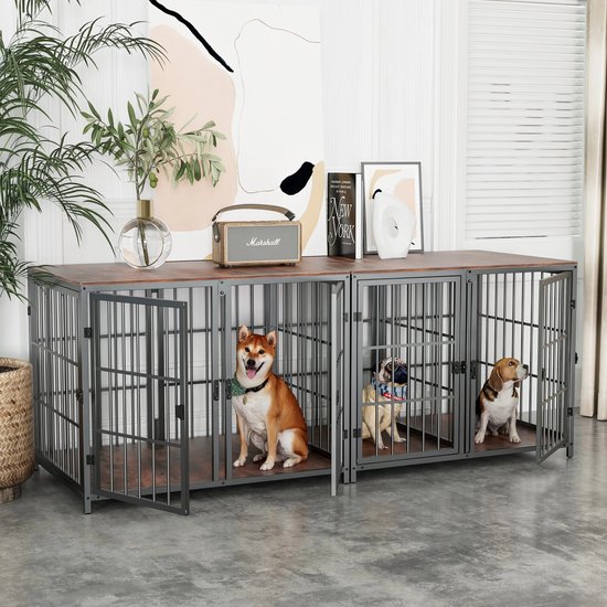 Instinct® Houten honden meubel - Zware kennel - bijzettafel - kauwbestendig - Grote honden - 4 deuren - Metaal MDF - 90x62x68.5cm