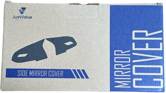 Doos met 'JustValue SIDE MIRROR COVER' en blauwe accenten.