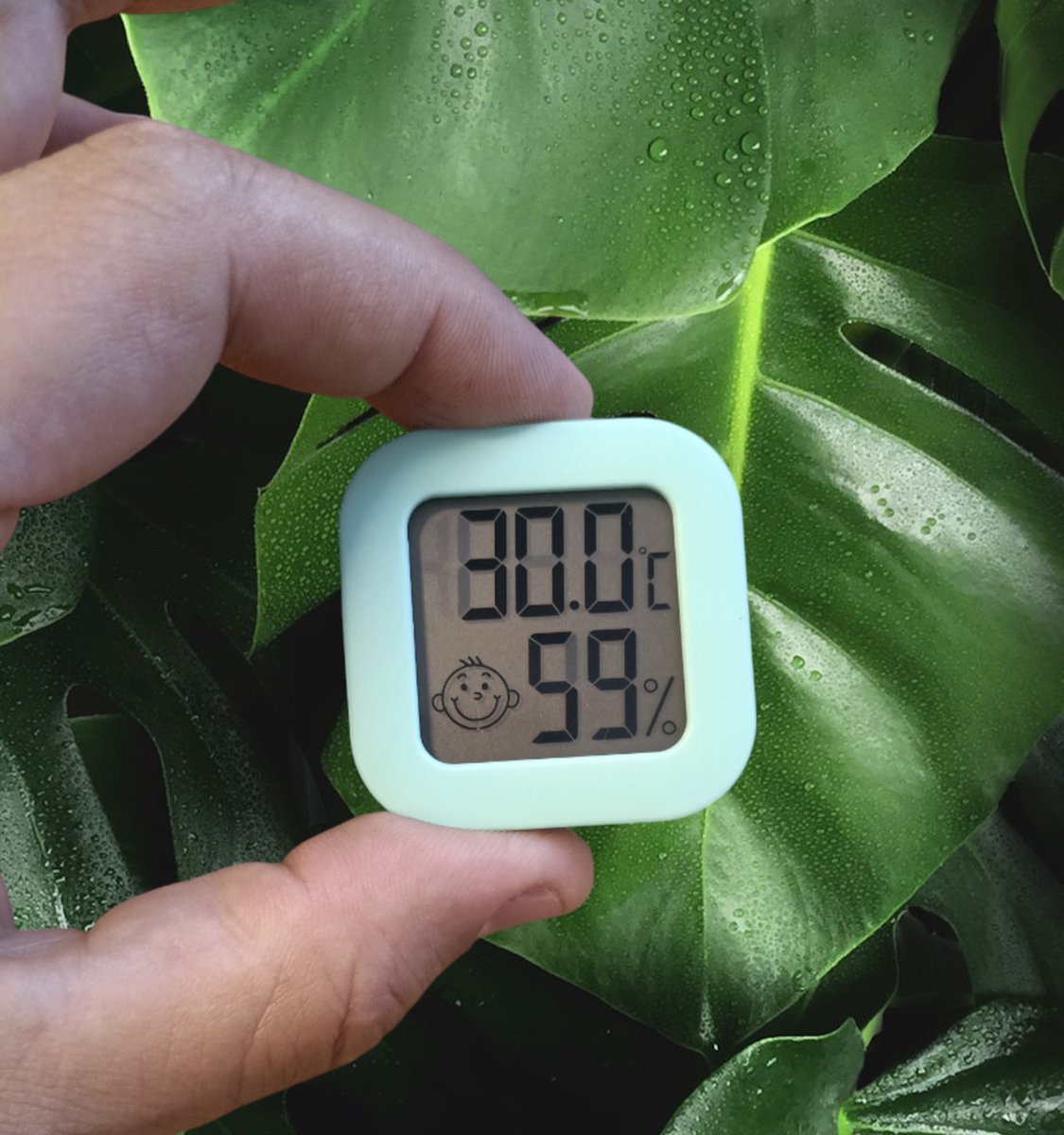 Ferrarium temperatuur- en luchtvochtigheidsmeter - Groen - Inclusief batterij, houder én sticker - Digitale hygrometer, thermometer, temperatuurmeter voor binnen, digitaal weerstation - Luchtvochtigheid voor planten digitaal meten