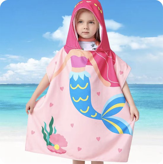Serviette Kids - Thema: Sirène / Sirène - Serviette de Bain / Serviette de Plage pour Garçons & Filles - Cape de Bain - Taille : 60 x 120 cm - Enfants 2 à 8 ans - Serviette de Plage - Capuche / Cape - Haute Qualité - Grande Serviette - XL Serviette