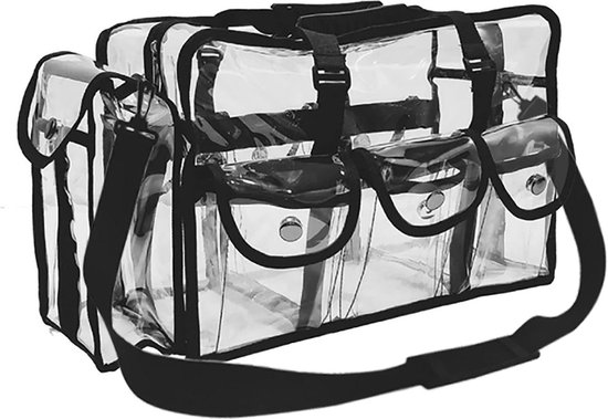 Kemier Duidelijke make-up tas voor op reis met 6 externe zakken, cosmetische organizer case met schouderriem, groot, Transparant, 1 Count (Pack of 1), Reistas