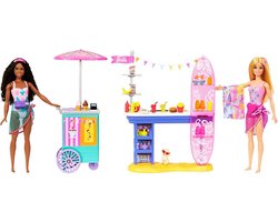 Barbie Beach Boardwalk speelset met Barbie ‘Brooklyn’ & ‘Malibu’ 2 poppen, 2 Kraampjes en 30+ accessoires