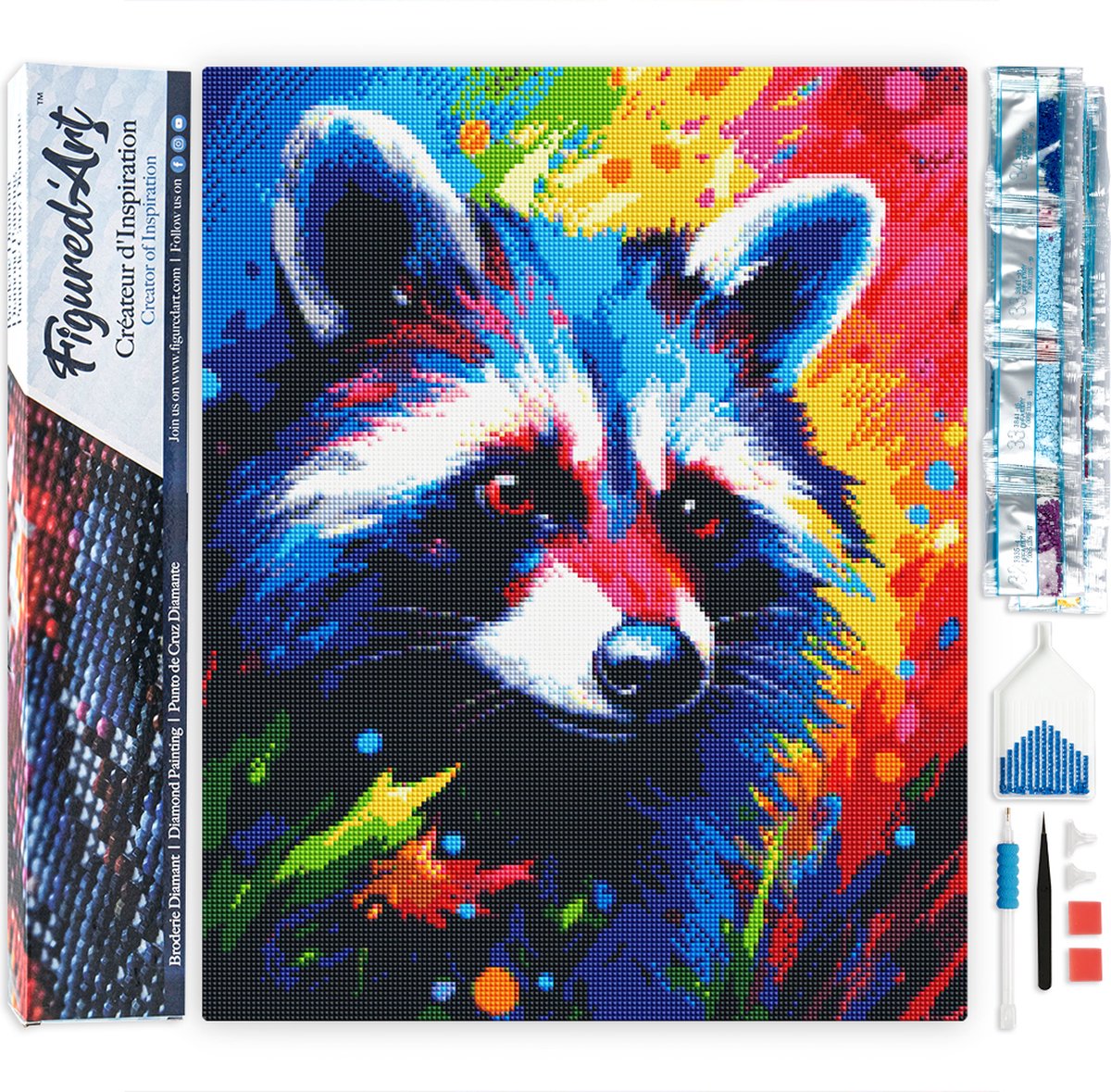 Figured'Art Diamond Painting set Volwassenen 40x50 cm Kleurrijke Abstracte Wasbeer - 5D DIY Art full drill vierkante diamant - Opgerold canvas