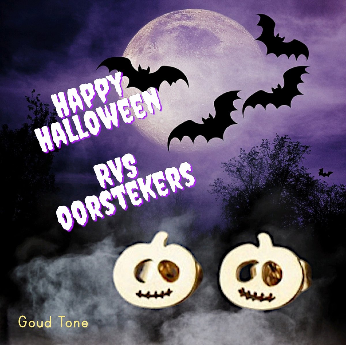 Eggplant - Stainless steel RVS oorstekers oorbellen - Pompoen Scary Face - Gold Tone - 12 x 10 mm - oorbellen earstuds - Volwassenen jeugd kinderen - unisex - casual (thema) feest halloween carnaval
