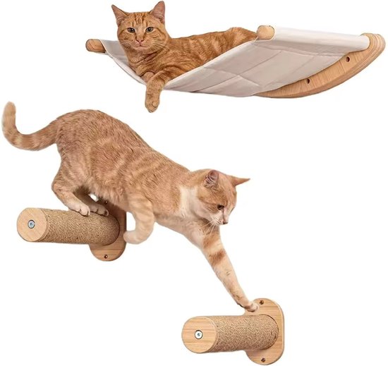 Oranje kat in hangmat en springende kat op klimmuur van sisal en bamboe.