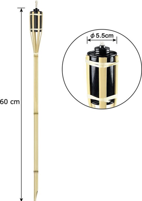 Een 60 cm hoge bamboe fakkel met een zwarte kop en beige banden, met een close-up van de kop.