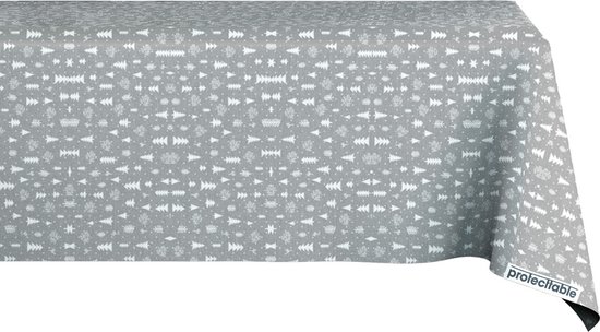 Nappe grise à motif d'arbres de Noël blancs, avec un logo sur le devant.