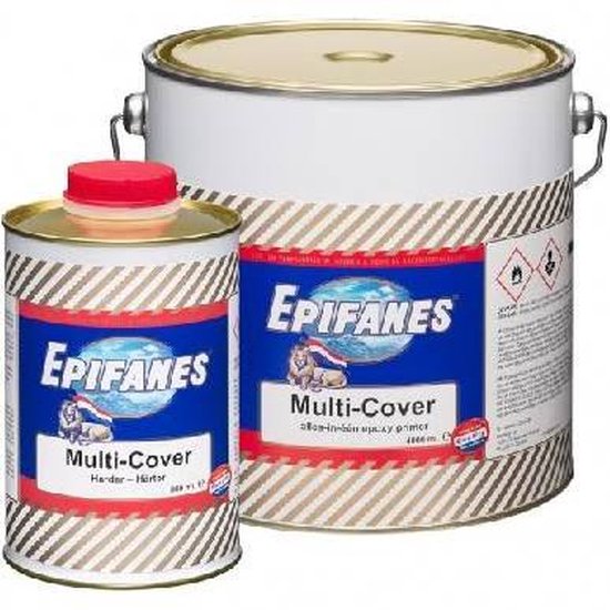 Twee blikken Epifanes Multi-Cover primer. Een klein rood met rood dopje en een groter blik met gouden deksel. Beide met blauw label.