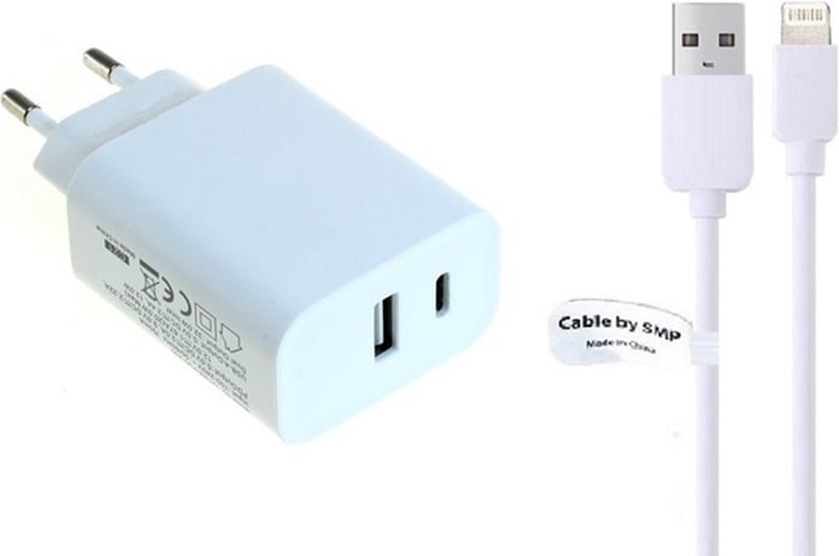 OneOne 20W Lader met USB A en C poort + 2,0m OneOne USB A naar Lightning kabel. USB C voor snelladen. Oplader adapter past op Apple iPhone XR, iPhone XS, iPhone XS Max, iPhone 10, iPhone 11, 11 Pro, 11Pro Max, iPhone 12, 12 Mini, 12 Pro