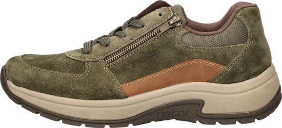 Groene suède Rieker sneaker met rits en bruin leren accent.