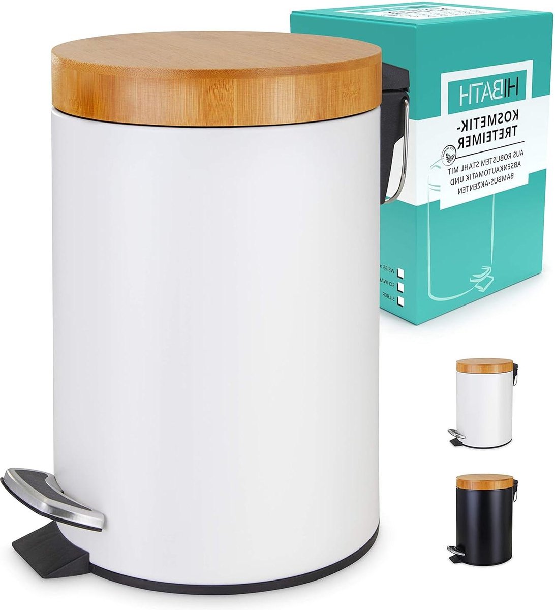 Goedkoopste Cosmetica emmer van roestvrij staal met bamboedeksel 3 liter wit en softclose mechanisme - praktische wc-afvalemmer met pedaal bath bucket