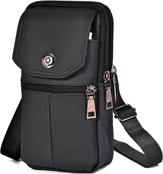 Heuptas - Heup Tas - Leer - Schouder Tas - Mannen - Vrouwen - Lederen Taille Tas - Grote Capaciteit - Riem Tas - Crossbody Tas - Grote Capaciteit - Riem - Tas - Crossbody Tas - Multi-layer Gesp - Mobiele Telefoon Tas - Bum Pouch - Zwart