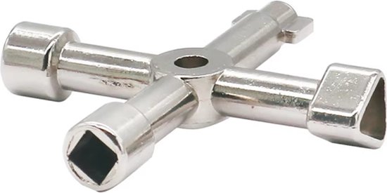 TLVX Clé Multi Argent - Clé Multitool 4 Voies Universelle - Clé Multifonction Armoire Électrique Métal - Carré - Driehoek - Radiateur - Poteaux - Robinet - Gaz - Chaudière Chauffage Central - Armoire à Compteurs - Cai - Armoire Électricité - 1 pièce