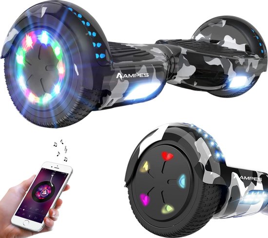 Ampes Hoverboard - Bluetooth Speaker - 24V 4.0 Ah Accu - Oxboard - 12 km/h - UL2272 Gecertificeerd - LED Verlichting - Anti lek banden - Belastbaar tot 120KG - 6.5 Inch - Inclusief Draagtas - 700W - Camouflage
