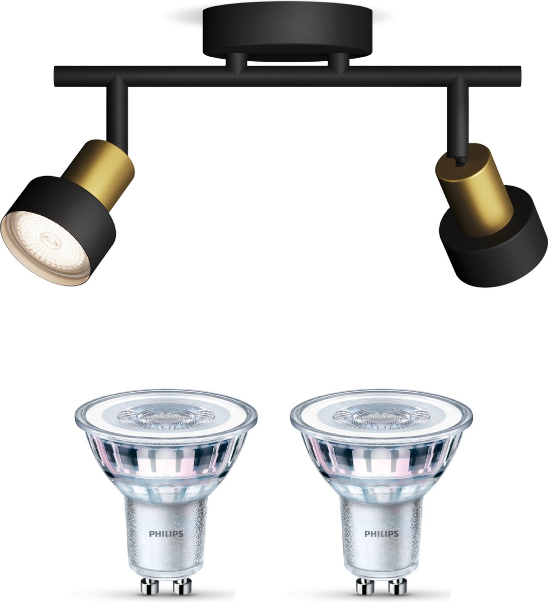 Philips Conduit Opbouwspot (Zwart/Goud) - Warmwit Licht - Plafondspot met 2 Lichtpunten - 