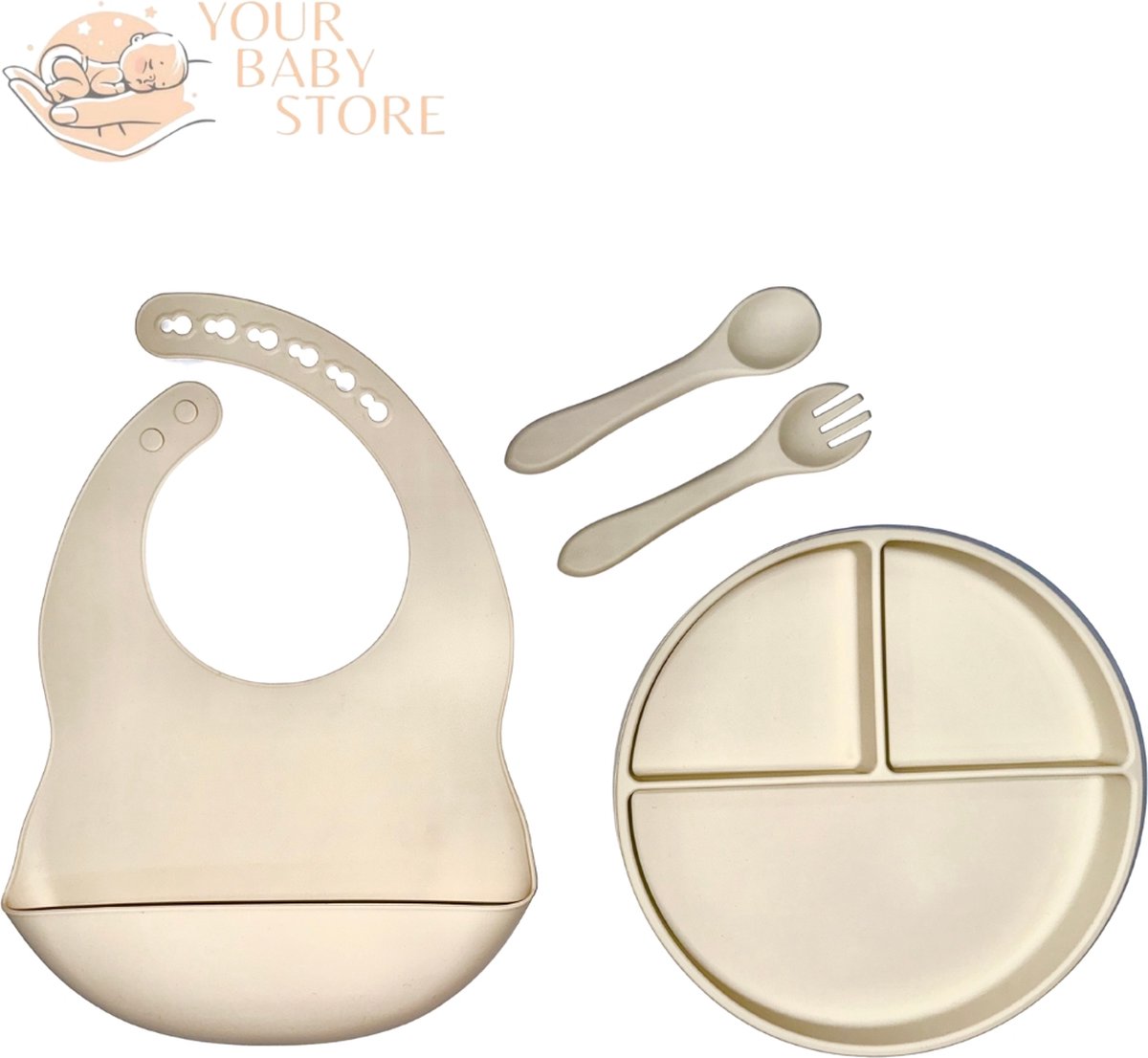 Goedkoopste Basic BabyHap set - 3 delig bord - bestek - slab met opvangbakje - Beige - siliconen - YOURBABYSTORE