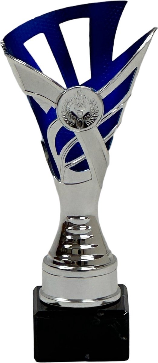 Luxe trofee/prijs beker - zilver/blauw - kunststof - 18,5 x 9 cm - sportprijs