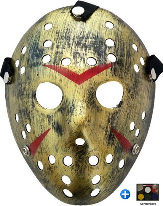 Foto: Tecqx jason voorhees hockey masker halloween masker inclusief schminkset 6 kleuren horror film friday the 13th cosplay masker verkleedmasker goud