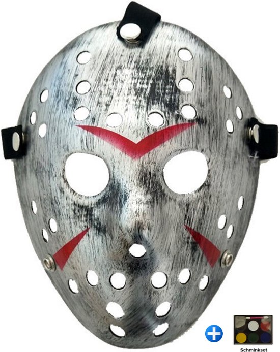 Foto: Tecqx jason voorhees hockey masker halloween masker inclusief schminkset 6 kleuren horror film friday the 13th cosplay masker verkleedmasker zilver