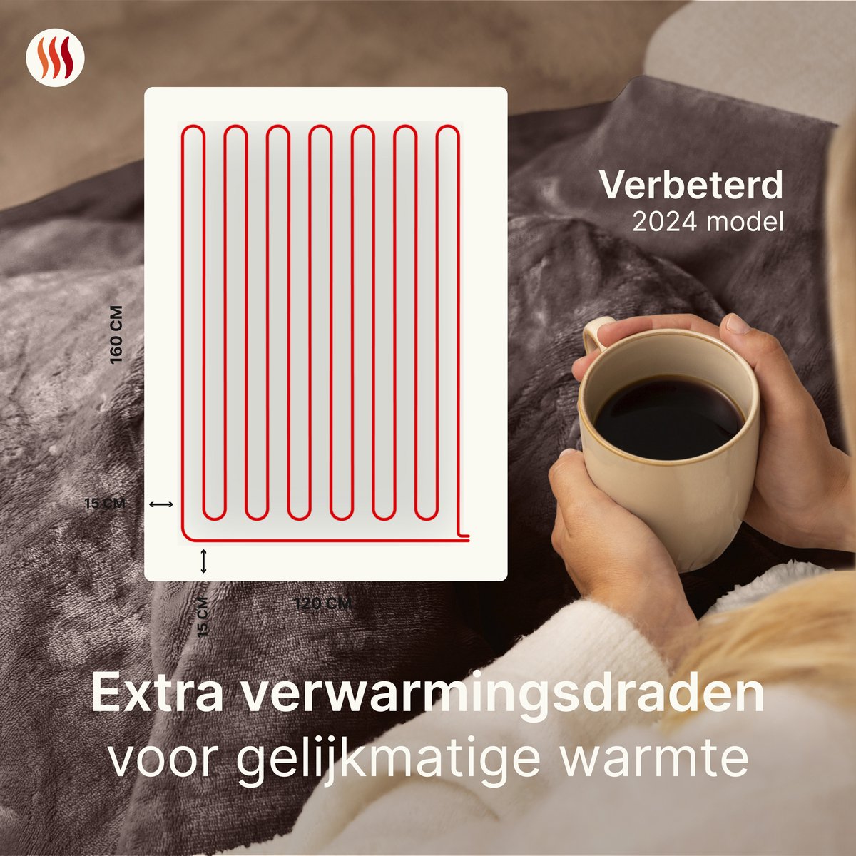 Afbeelding 2 van Seranova Elektrische Deken XXL - Extra Warmtedraden - Premium Model - 180x160 cm - 2 persoons Warmtedeken - Dubbelzijdig Fleece Sherpa - Kastanjebruin