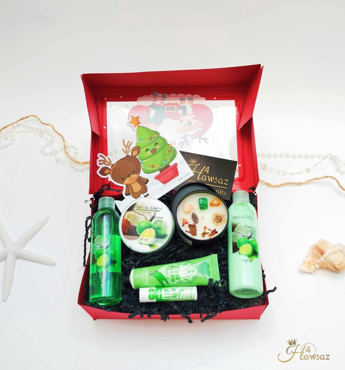 Goedkoopste Luxe kerst Cadeau - Bad- en bodycadeau 8 stuks - Huidverzorging - Hawsaz.nl cadeau - Verjaardag cadeau - Bodylotion - Showergel - Bodybutter- Giftsbox - Edelstenen kaars - Dames cadeau - Verwenpakket - Ontspan pakket - Geschenkset - Kerstcadeau