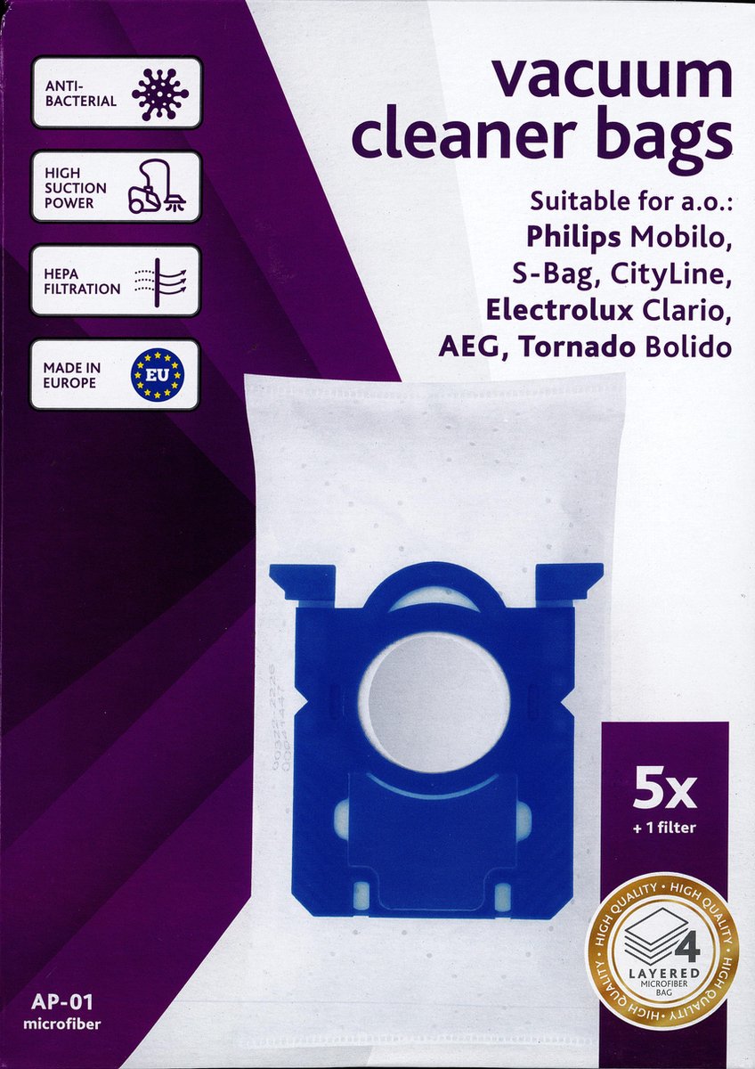 Vacustock stofzuigerzakken - Philips Mobilo, S-BAG, Cityline - Electrolux Clairio, AEG, Tornado Bolido - doos 5 zakken en 1 filter