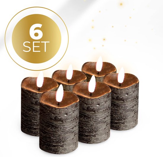 KENN® 3D LED Kaarsen - 6 Stuks - Rustiek Zwart - Automatische Timer - Realistische Led Kaarsen - 200 Uur - Rustige Vlam - Warm Wit - Kerstverlichting - Wax LED Kaarsen
